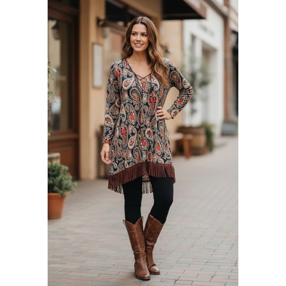 Honeyme Tops - Honeyme Paisley Print Long Sleeve Tunic Top Fringed Hem Lace Up Neck size S‎